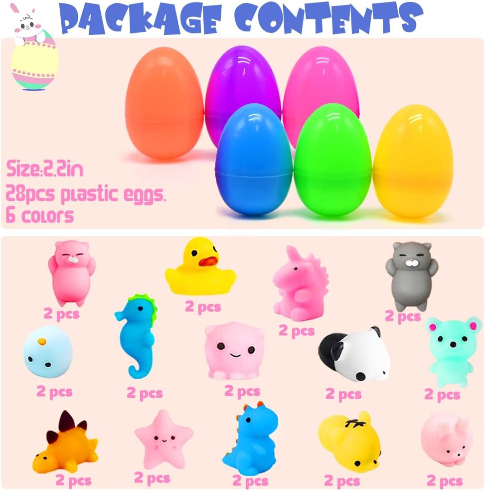 28pcs Easter Eggs Prefilled with Mochi Squishy Toys – Mini Kawaii Animal Squishies for Kids, Easter Egg Hunt, Basket Stuffers, and Classroom Gifts
