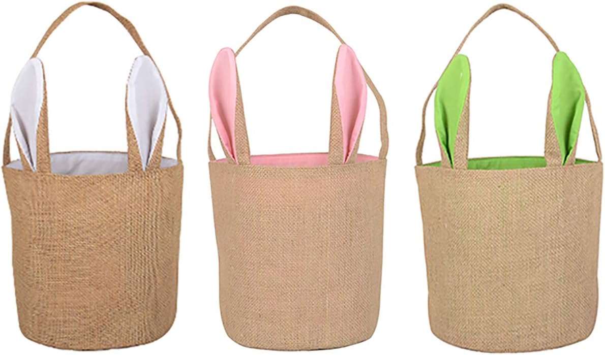 3 Pack Easter Bunny Baskets Jute Burlap Easter Bags with Ears Stand Up 8 x 8 x 9 Inch