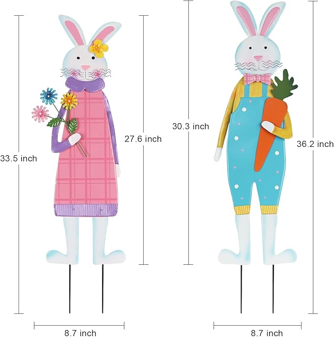 cSet of 2 Metal Bunny Decorative Garden Stakes for Easter Decor, Spring Rabbits Yard Stakes for Home Outside Front Door Porch Lawn Garden Backyard Decorations