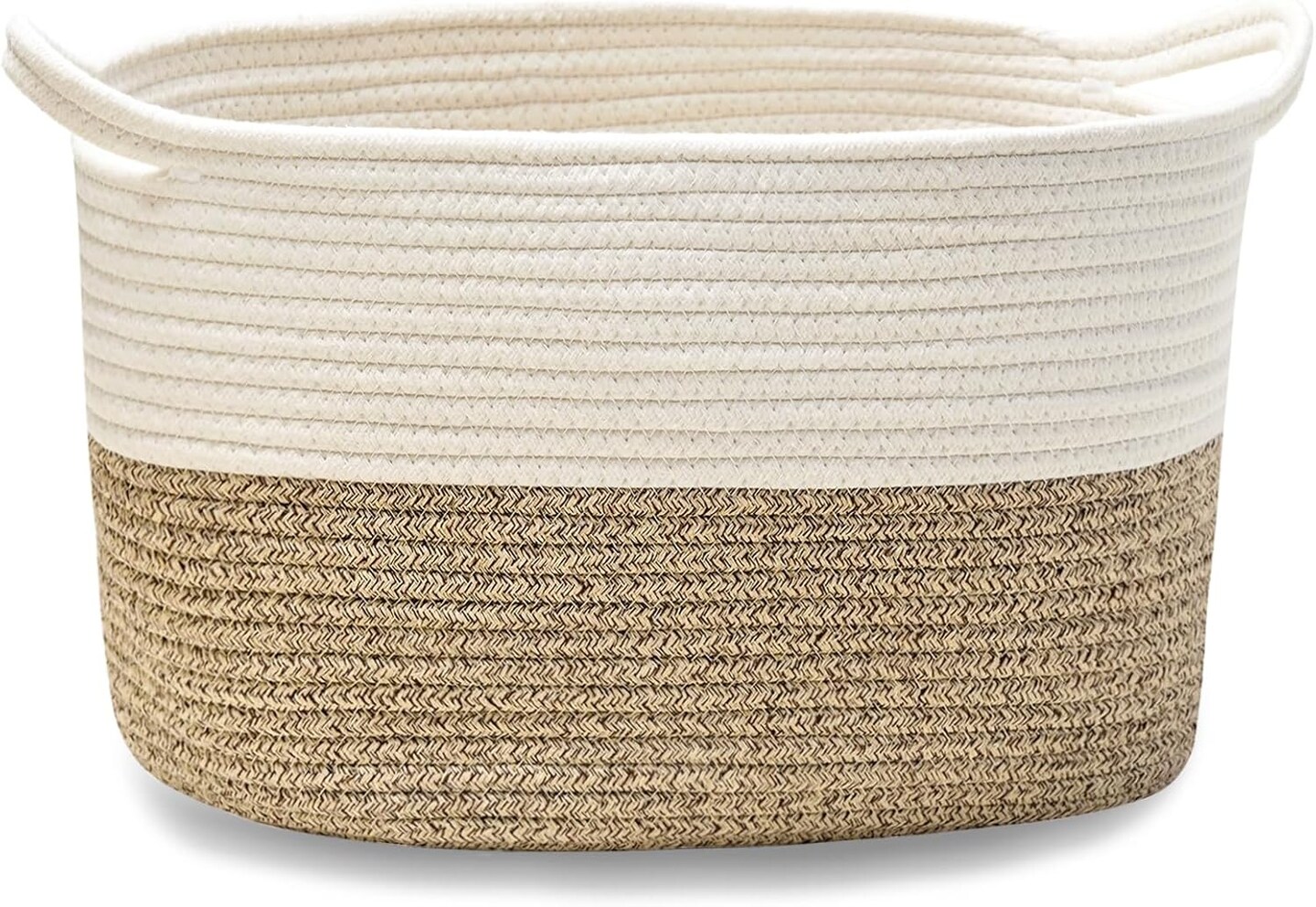 Square Cotton Rope Samll Baskets With Handles for Nursery, Toys, Household, Nursery, Handcrafted Woven Gift Baskets for Storage and Organization,13.5x11x9.5inch (white-champagne)