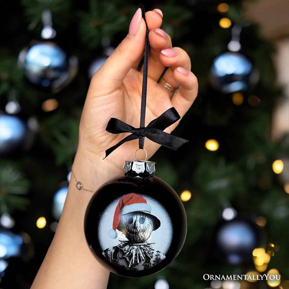 Scarecrow Christmas Spooky Portrait Glass Ornament, Black Horror Halloween Tree Decoration