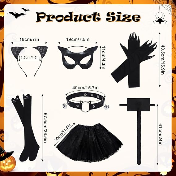 7 Pcs Halloween Black Cat Costume Accessories for Women with Halloween Cat Mask Neck Choker Cat Paw Gloves Headband Cat Tail Black Yarn Skirt Stockings for Halloween Cosplay Dress up Party