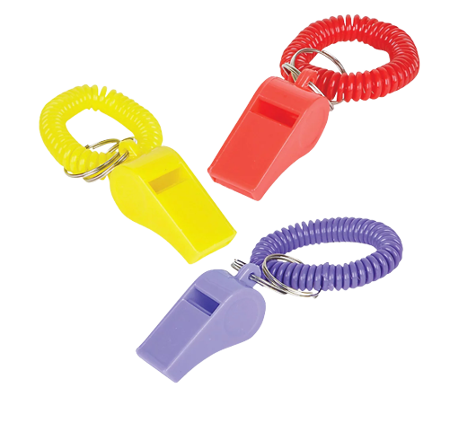 Whistle Bracelet Key Chains with Coil Band, Assorted Colors, 2", 12 Pack