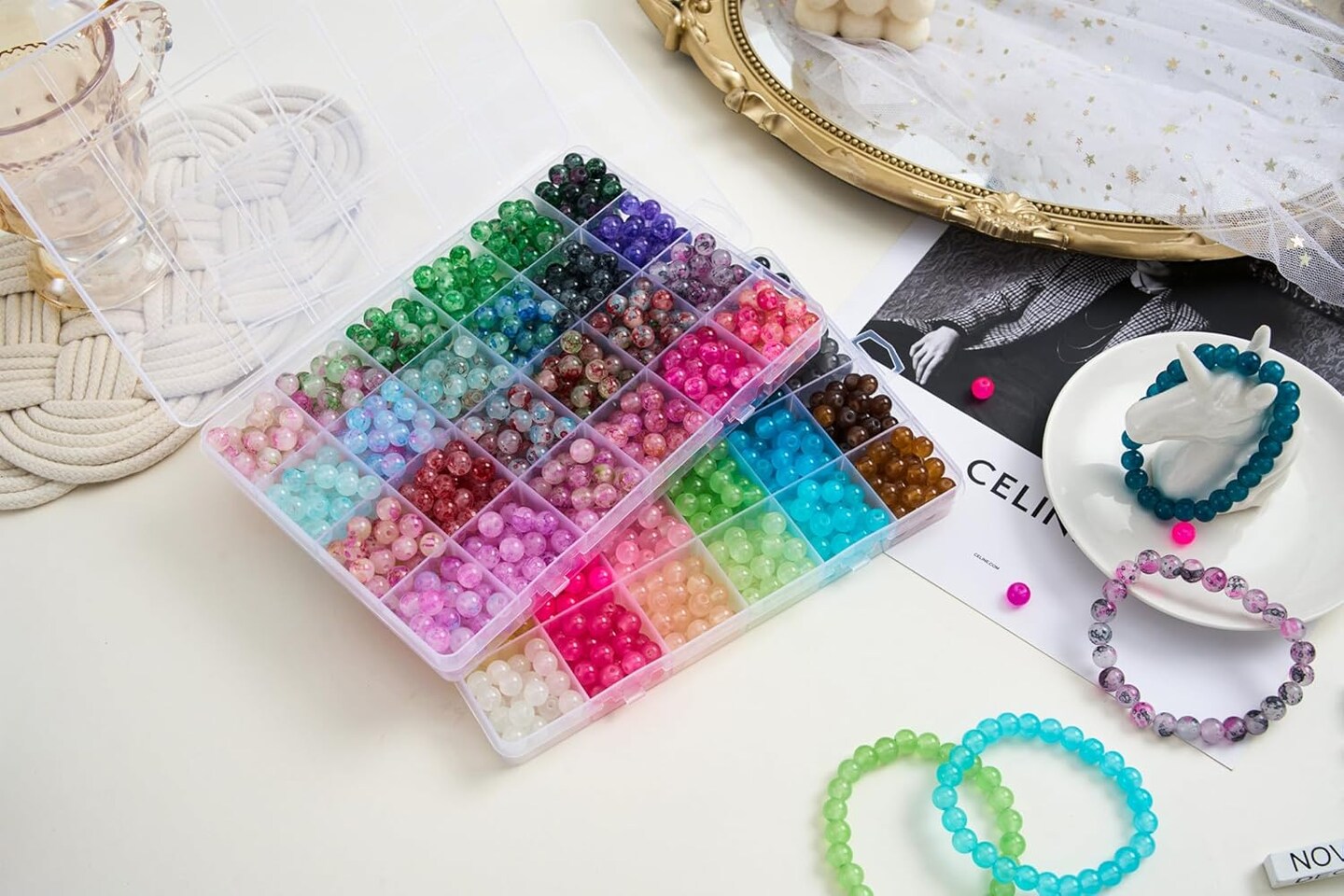 2 Pack - 1300PCS Round Glass Beads for Jewelry Making(Solid+Printing)