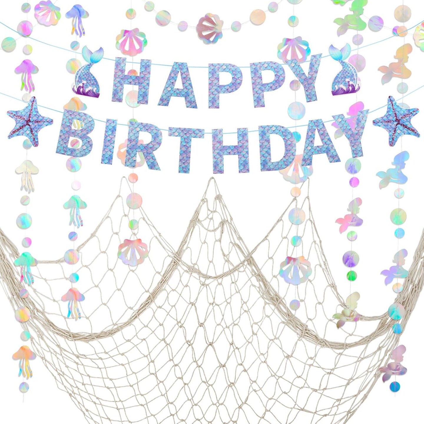 Natural Fish Net with Fringe Curtain and Bubble Garlands