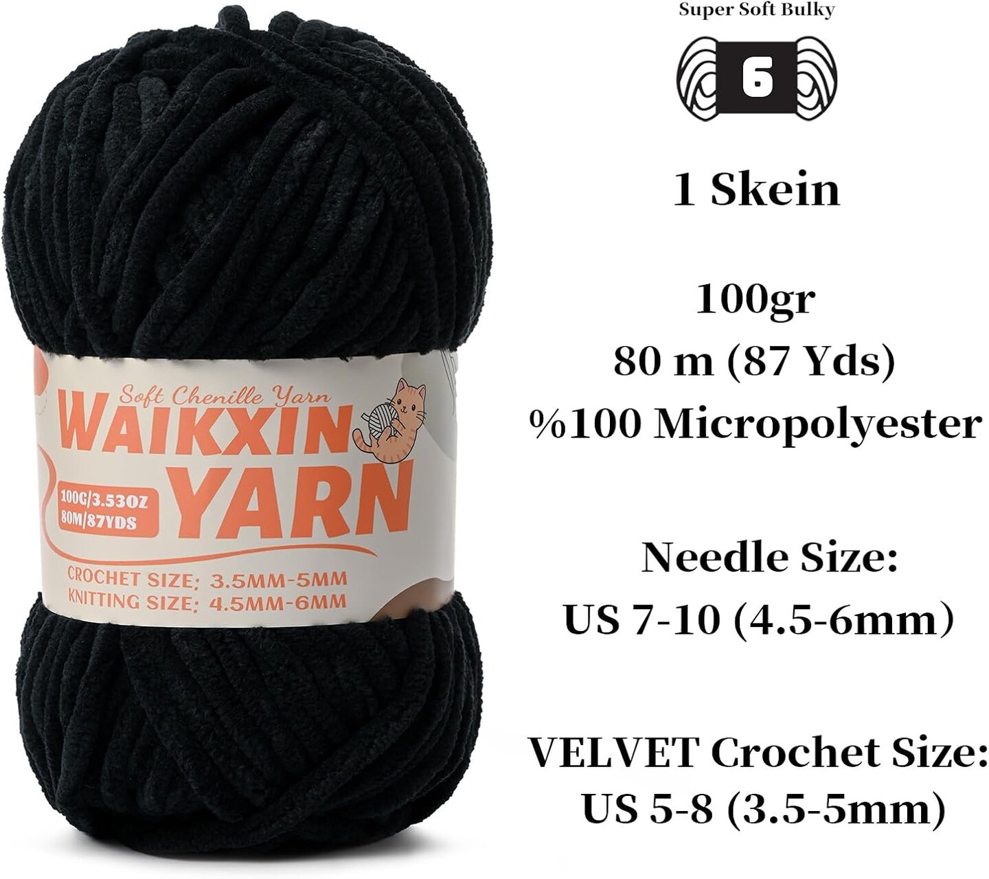 87 Yards - Super Soft Fuzzy Chenille Chunky Yarn for Crocheting(Black&#xFF09;