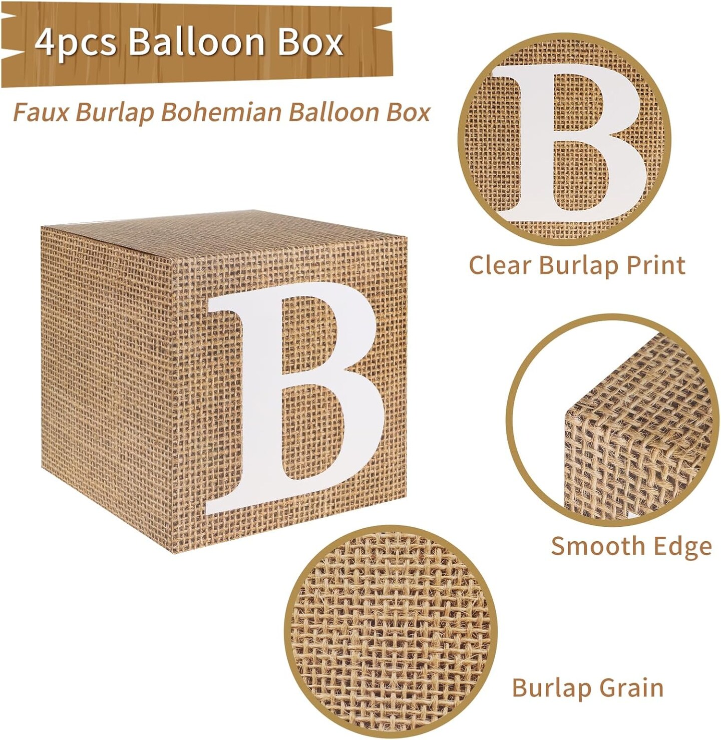 Baby Boxes with Letters for Baby Shower, 4pcs Rustic Farmhouse Style Boho Balloon Boxes with Burlap Grain for Birthday Gender Reveal Decoration Backdrop Photo Props