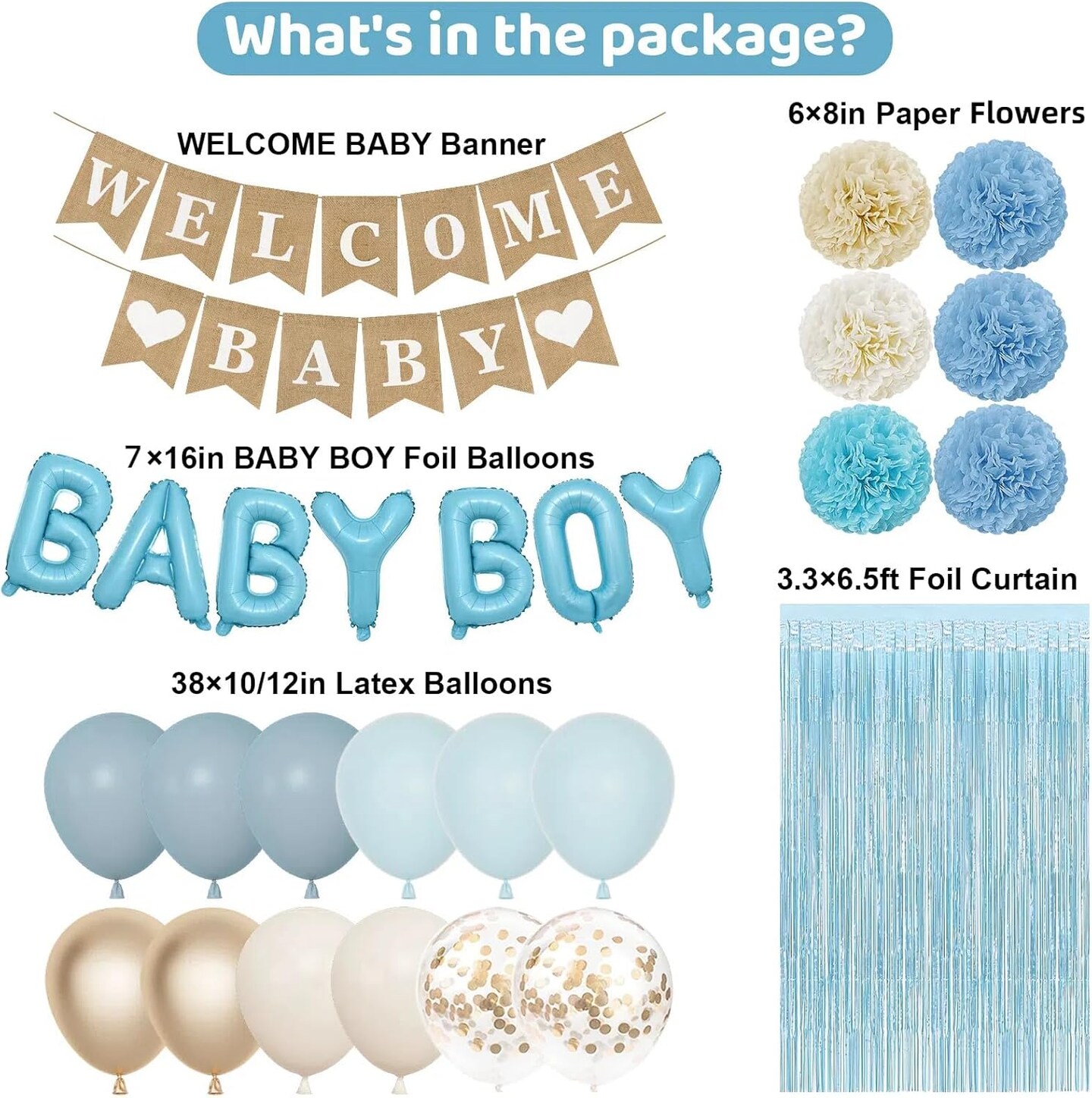 Dusty Blue Baby Shower Decorations for Boy with Welcome Baby Banner Baby Boy Letter Blue Champagne Sand Foil Balloons Fringe Curtains Paper Pom Poms for Boho Baby Shower Gender Reveal Party Supplies
