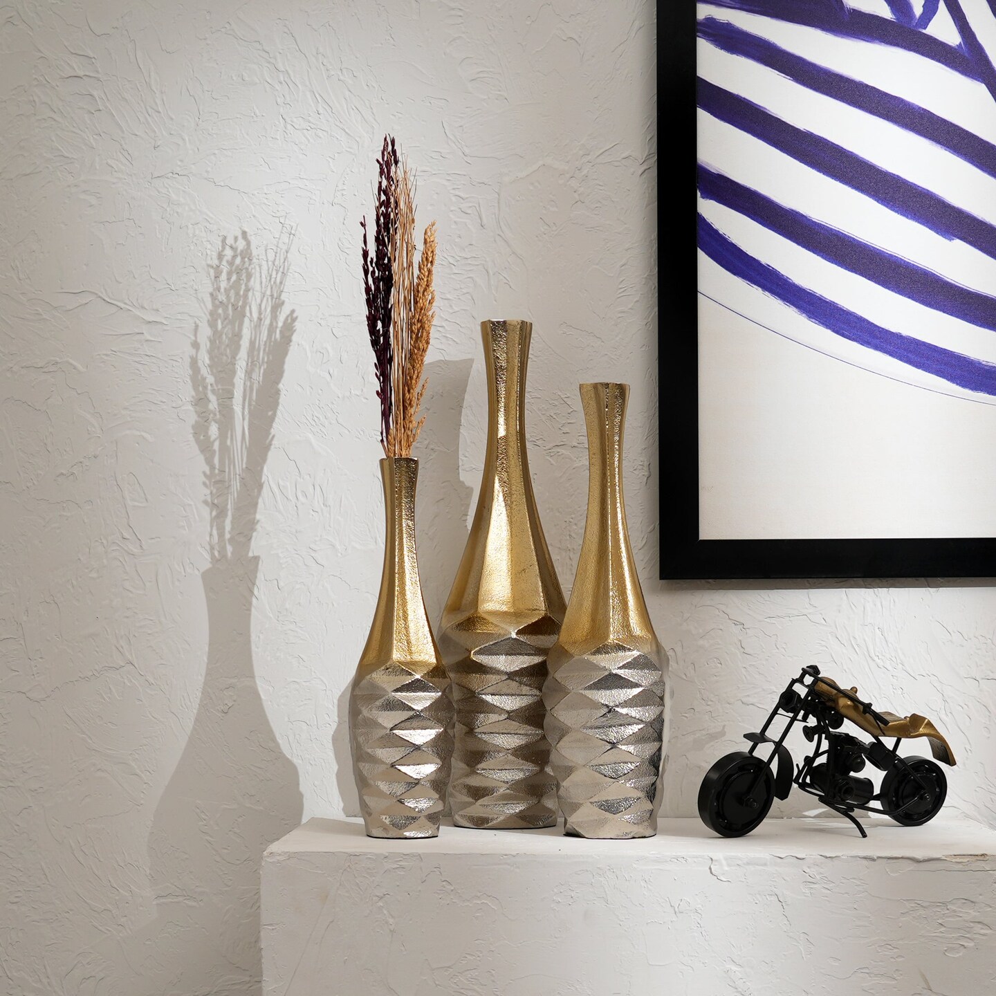 Decorative Sleek Metallic  Aluminum Vases &#x2013; Set of 3 Table Accents  in Gold &#x26; Nickel Finish