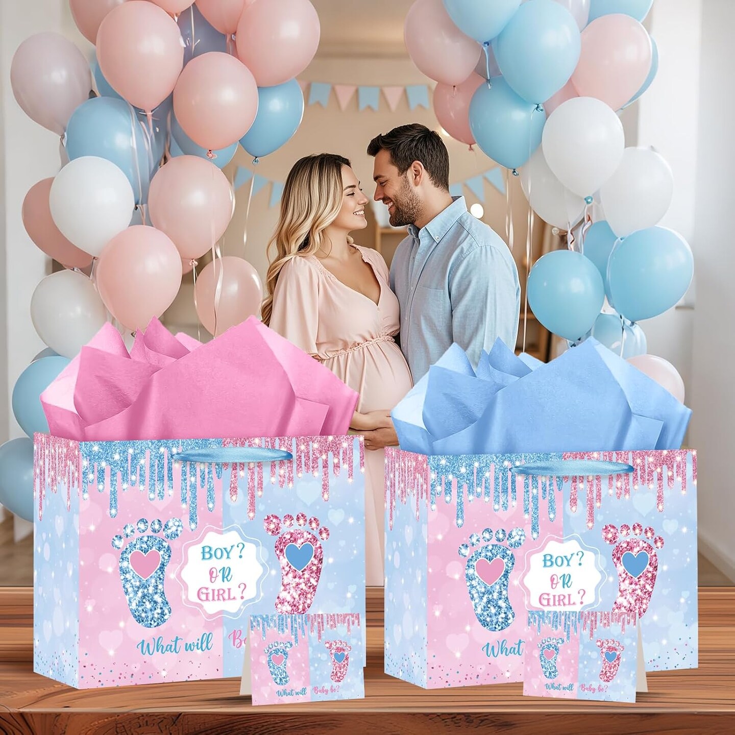 Gender Reveal Gift Bag Blue Pink Boy or Girl Paper Bag with Wrapping Paper Card What Will Baby Be Party Decoration Little Feet Treat Candy Bag for Baby Shower Gender Reveal Birthday Party Supplies