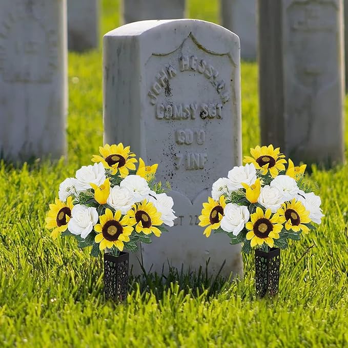 17.7Inch Silk Yellow Sunflowers Artificial 2 Bundles - White Faux Spring Carnations & Roses, Fake Summer Outdoor Grave Flowers for Cemetery, Table Centerpieces