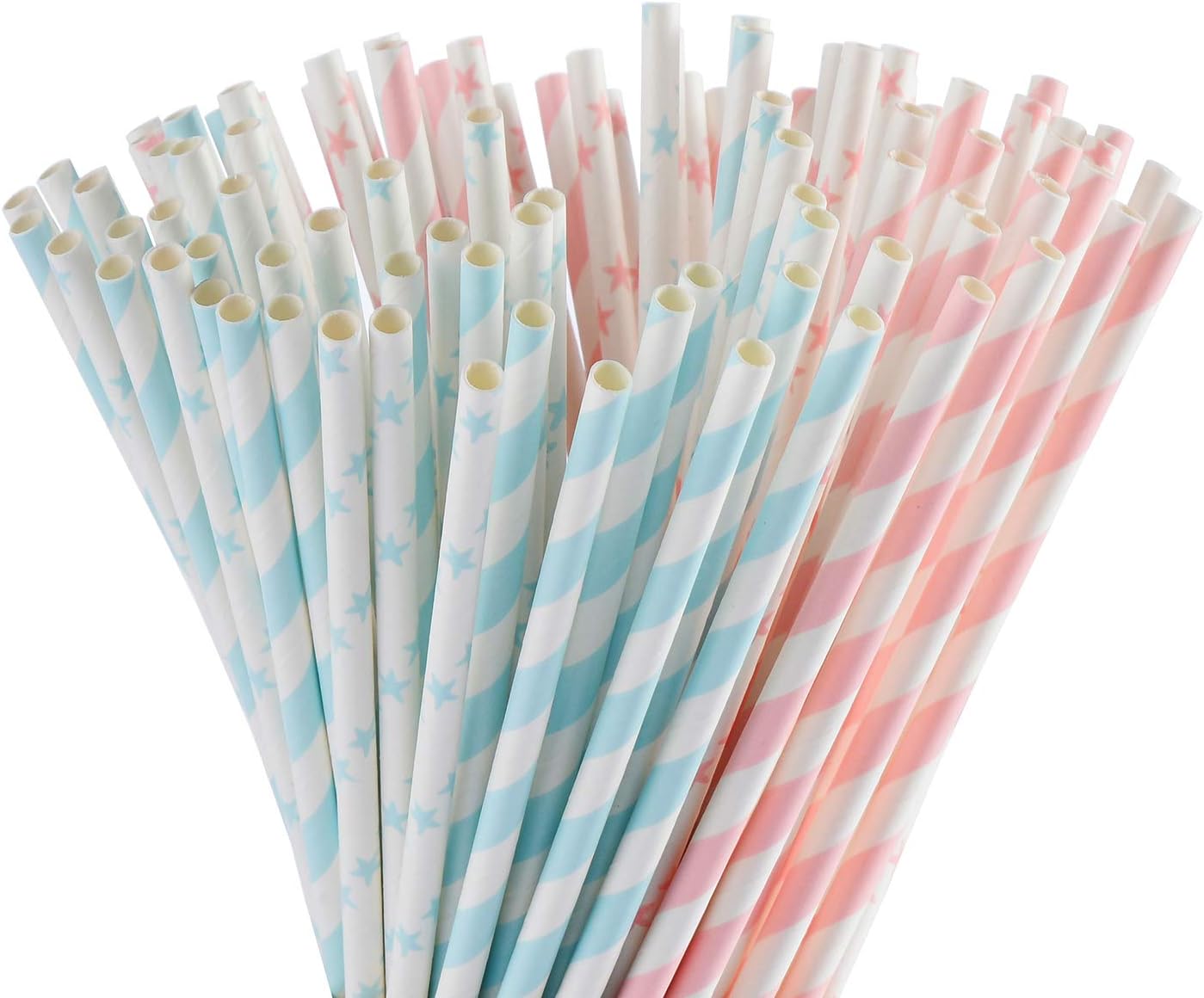 Light Pink Blue White Paper Straws Bulk, 100 Biodegradable Party Straws for Boy Girl Baby Shower, Gender Reveal, Birthday, Wedding and Celebrations