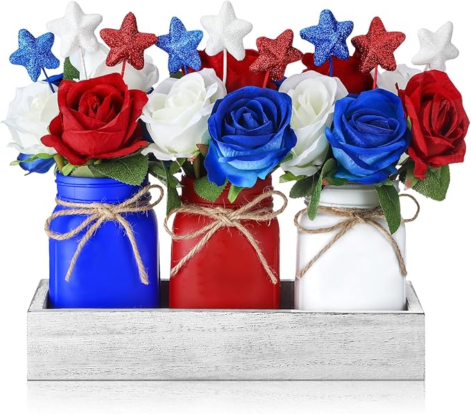 4th of July Mason Jar Centerpiece for Table Independence Day Farmhouse Mason Jar Decor Include 1 Decorative Wood Tray 3 Decorative Jars 15 Rose Flowers 9 Star Sticks for Home Decorations