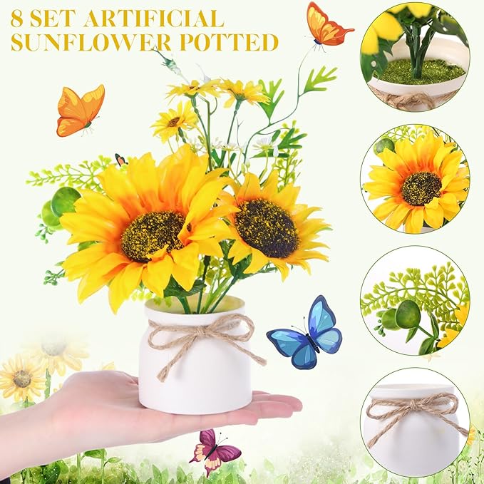8 Pcs Artificial Sunflower Potted Plants Rustic Silk Sunflowers for Kitchen Spring Sunflower Centerpieces for Tables Yellow Fake Flower with Plastic Pot for Summer Bathroom Wedding Office
