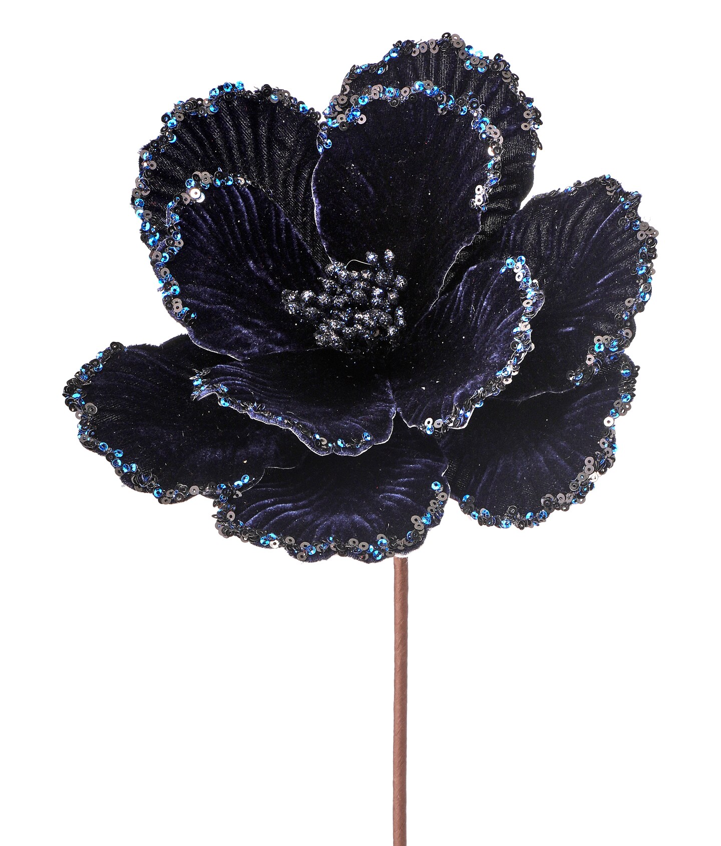 24&#x22; Velvet Glitter Bead Edge Magnolia Flower - Midnight Blue