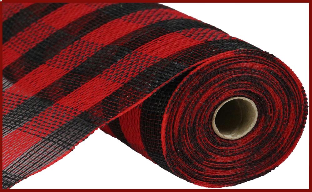 10.5&#x22; x 10yd Cotton/Faux Jute Check Mesh Red/Black - Premium Wreath Supplies-RY8307E6