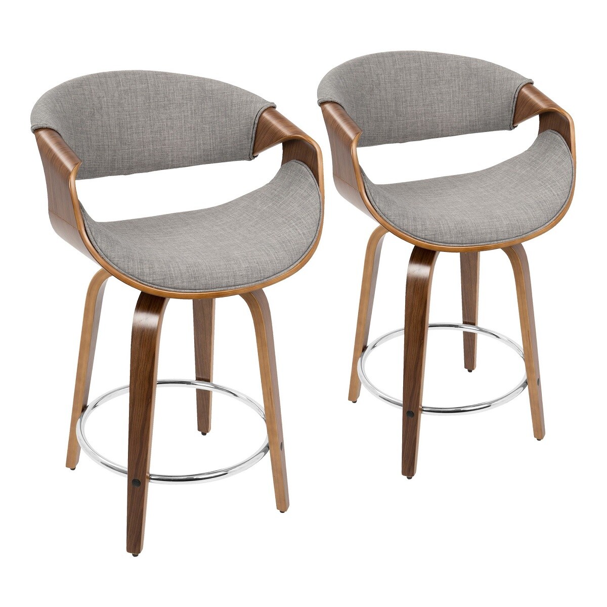 Contemporary Home Living Set of 2 Walnut Wood and Light Gray Fabric Swivel Indoor Comfortable Counter Stools 34.75"