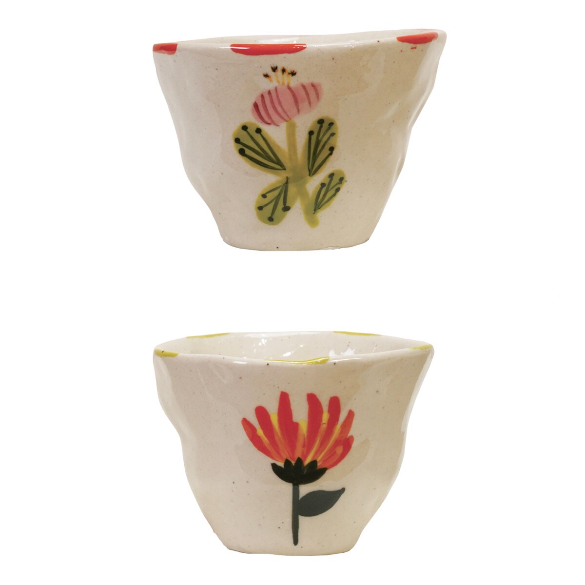 Hello Honey 8-Piece Hand-Painted Stoneware Organic Shaped Cup/Bowl with Flower Image, Multicolor