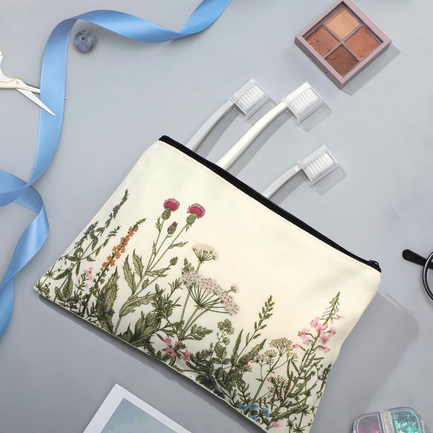 2 Pcs Wildflower Aesthetic Canvas Tote Bags for Women with Makeup Zipper Pouch Mother's Day Cute Floral Reusable Shoulder Tote Bag for Graduation Teacher Beach Shopping Travel Work Gym Grocery