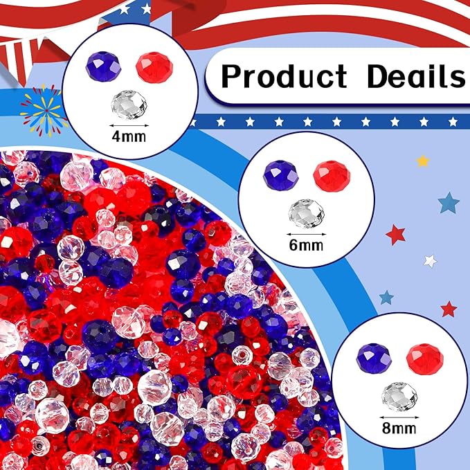 Patriotic Crystal Beads, 1000PCS Red White Blue Bead for Jewelry Making, 4th of July American Patriotic Glass Beads 4/6/8 mm Craft Beads for Independence Day Bracelets Necklace Earrings