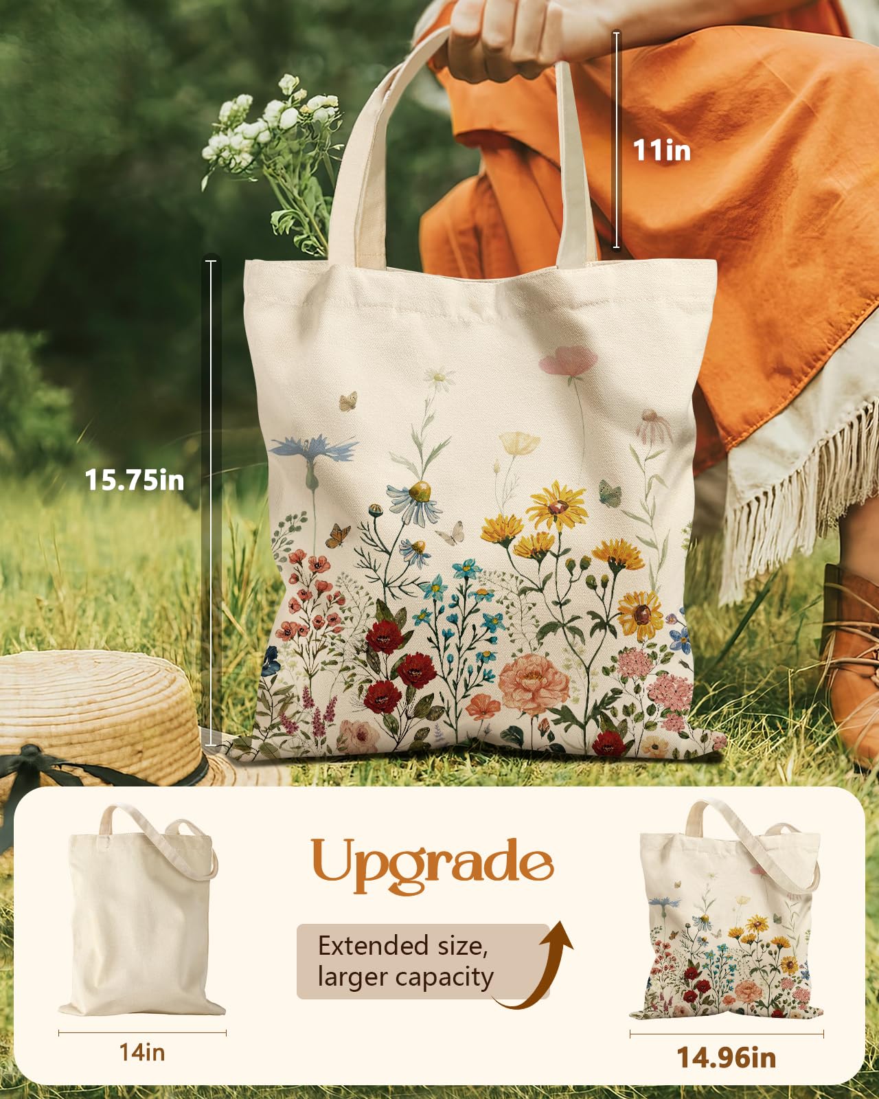 Aesthetic Tote Bag - with Magnetic Buckle and Zipper Inner Pocket for Women Lady Cloth Cotton Tote Bag for Gym, Work, Travel, Shopping, Retro Flower