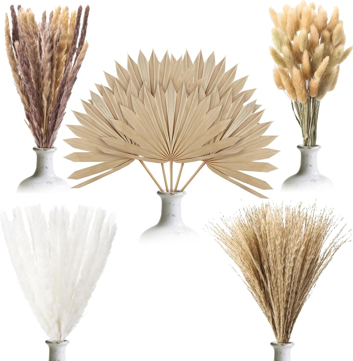 105 Pcs Boho Dried Pampas Grass & Palm Leaves(Brown,white)