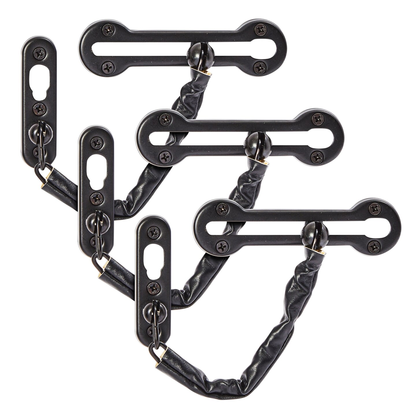 3-Pack Stainless Steel Chain Door Lock with Faux Leather Chain Sleeve, 7.2-Inch Slide-Type Safety Chain Locks for Inside Door, Single-Hung and Double-Hung Windows (Black)