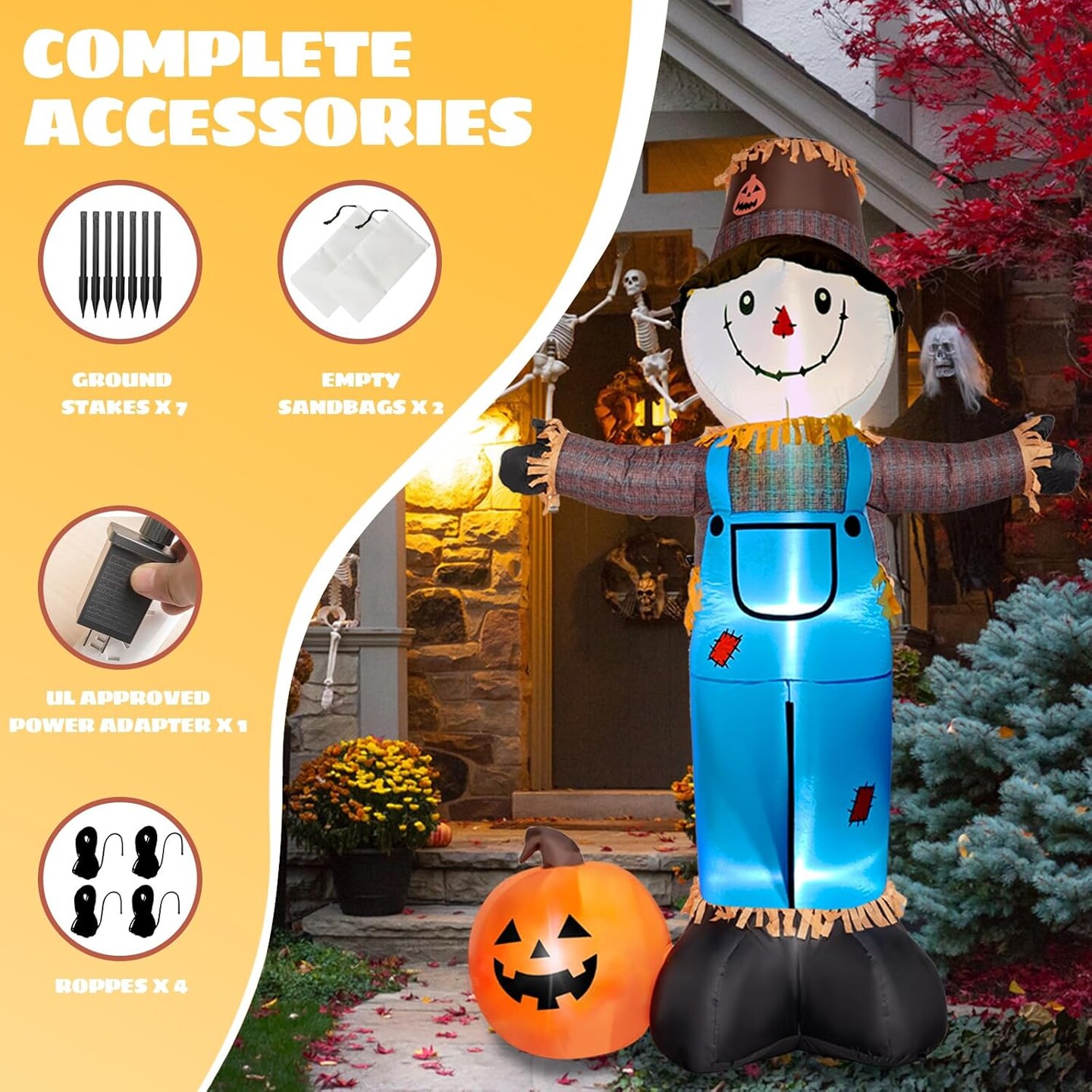 8FT Fall Inflatables Scarecrow with Pumpkin and Built-in LEDs