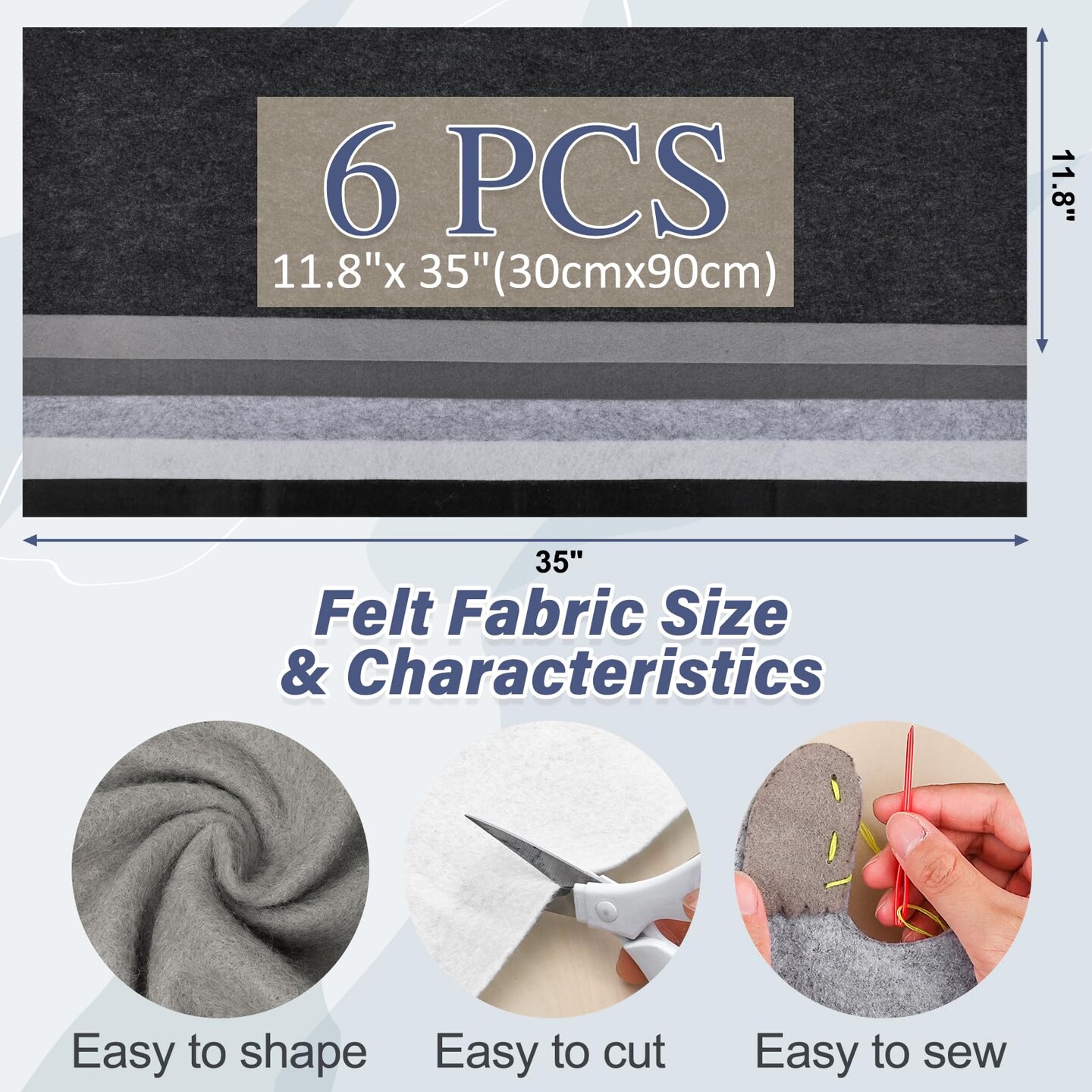 6 Rolls 12"x35" 1.4mm Thick Soft Felt Fabric Sheet 6 Assorted Black White Series Colors Felt Pack for DIY Craft Sewing Squares Nonwoven Patchwork