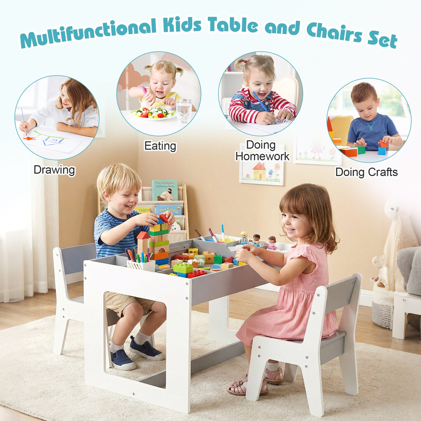 MDF Kids Table and Chairs Set Grey White Storage Compartments 3+ Years