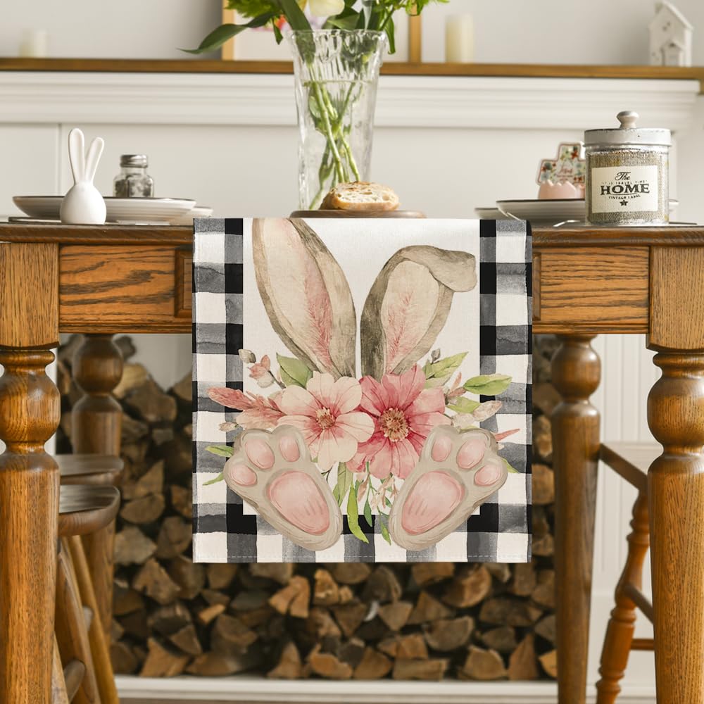 Buffalo Plaid Bunny Ear Foot Flower Easter Table Runner, Seasonal Spring Kitchen Dining Table Decoration for Home Party Decor 13x72 Inch