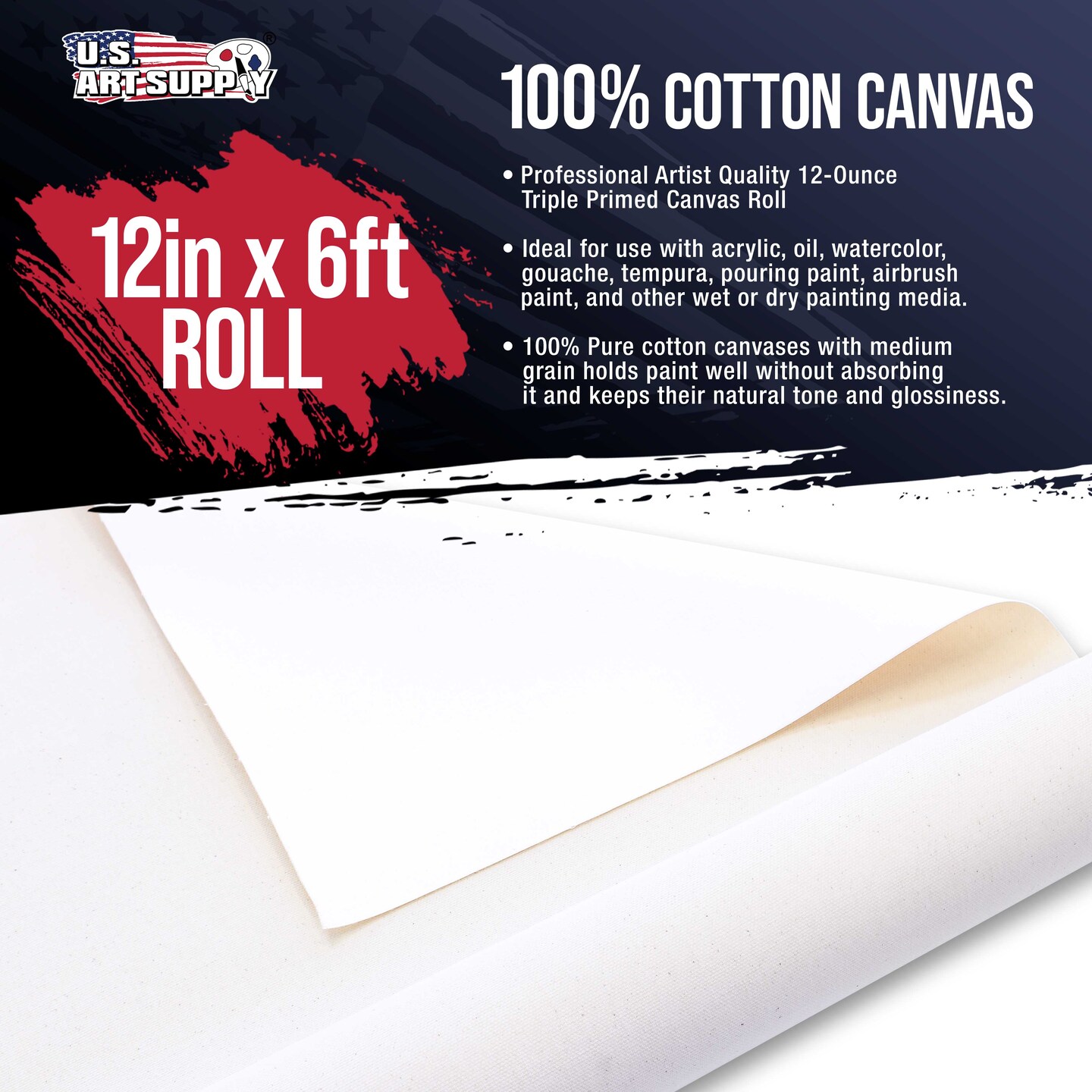 U.S. Art Supply 12-Ounce Triple Primed Gesso 12" Wide x 6' Long (2 Yards), 100% Cotton, Acid-Free - Unstretched Canvas Rolls for Painting, Oil & Acrylic, Murals - Cut To Frame Size