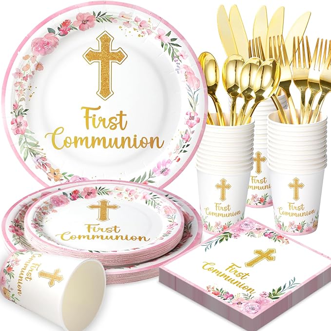 175 PCS First Communion Decorations for Girls - Pink First Communion Paper Plates and Napkins Party Supplies Serves 25 - God Bless Disposable Plate for Baby Shower Baptism Party Decorations