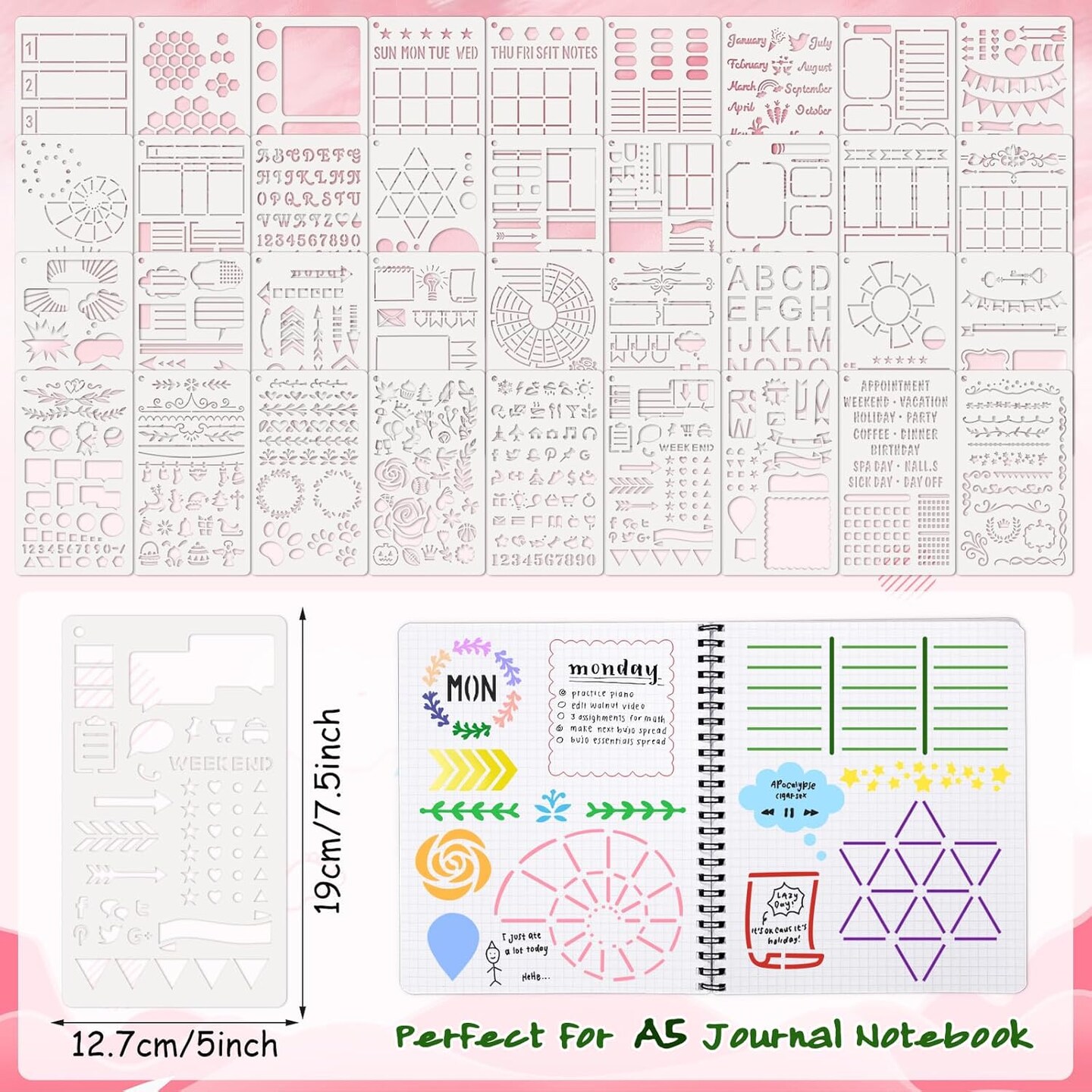 36 PCS Journal Stencils, Planner Template 7.5x5 Inches DIY Notebook Scrapbooking Accessories DIY Drawing Calendar Stencils for Journaling, Scrapbook, Notebook Supplies