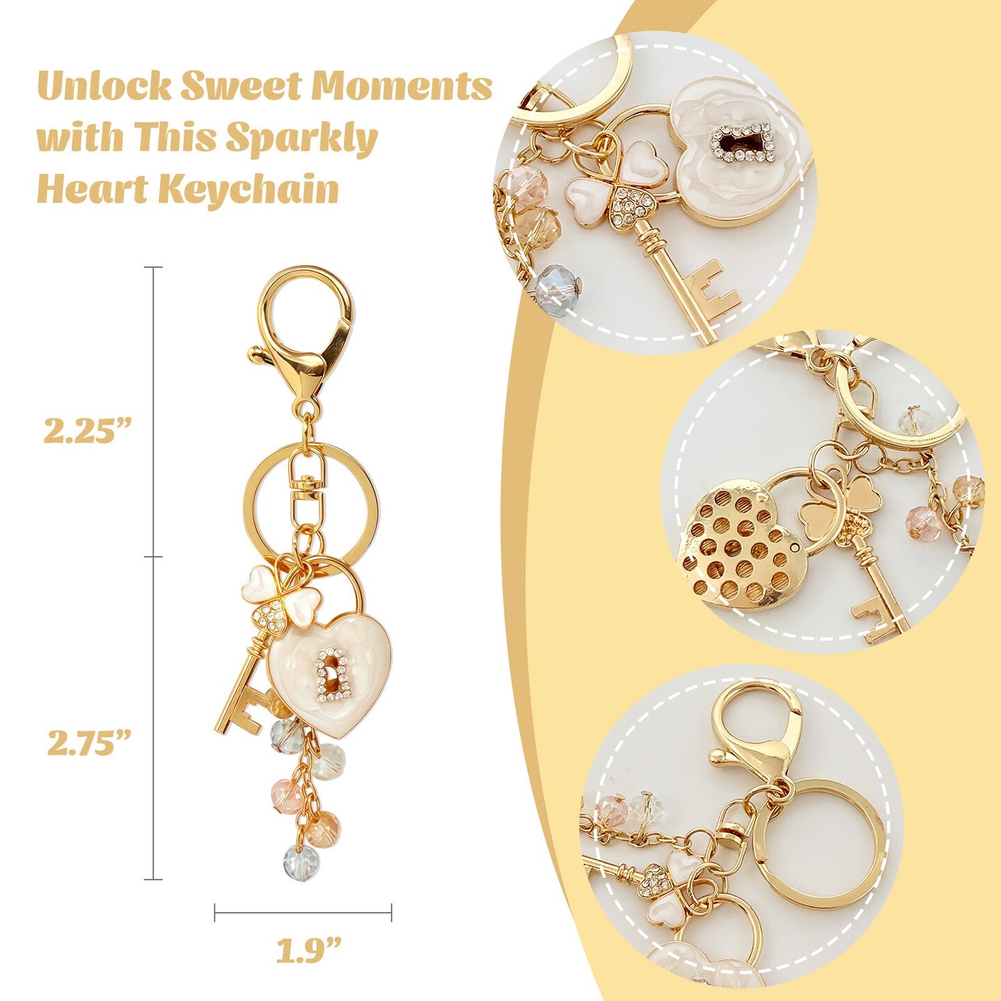 Wrapables Novelty Keychain and Bag Charm for Purse Handbag Backpack, White Heart Lock and Key