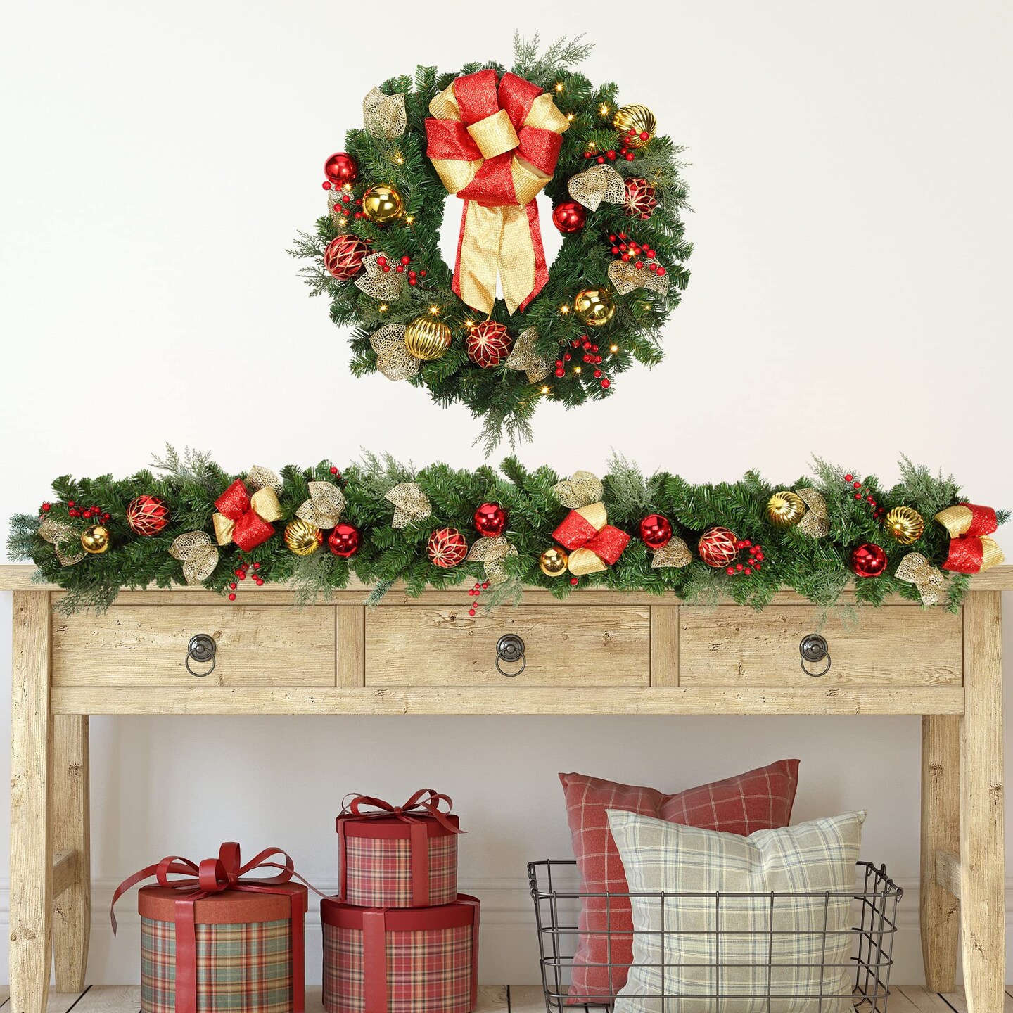 Haute Decor 24 Inch Madison PRELIT Wreath with 30 Battery Operated Soft White LED Lights - Elegant Christmas Wreath with Automatic On-Off Timer