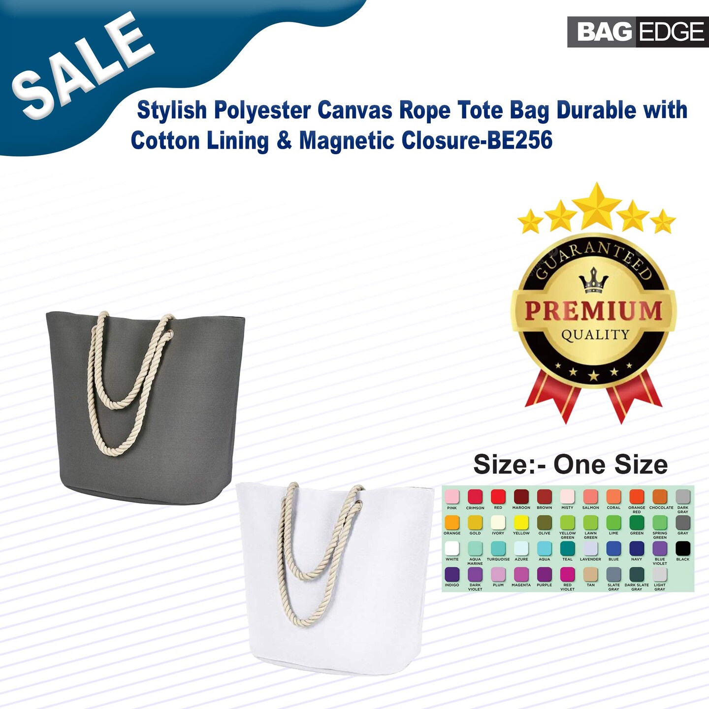 BAGedge&#xAE; Stylish Polyester Canvas Rope Tote Bag Durable with Cotton Lining &#x26; Magnetic Closure