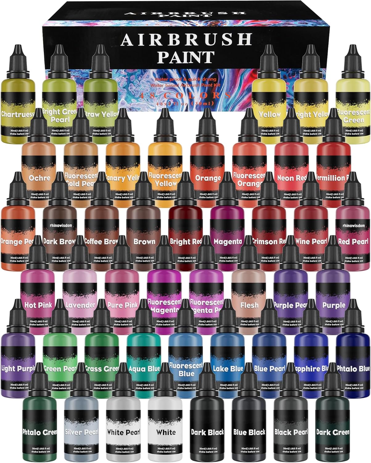 Airbrush Paint Set, 48Colors Acrylic Air Brush Paint Kit (30 ml/1.01 Fl Oz Bottle)