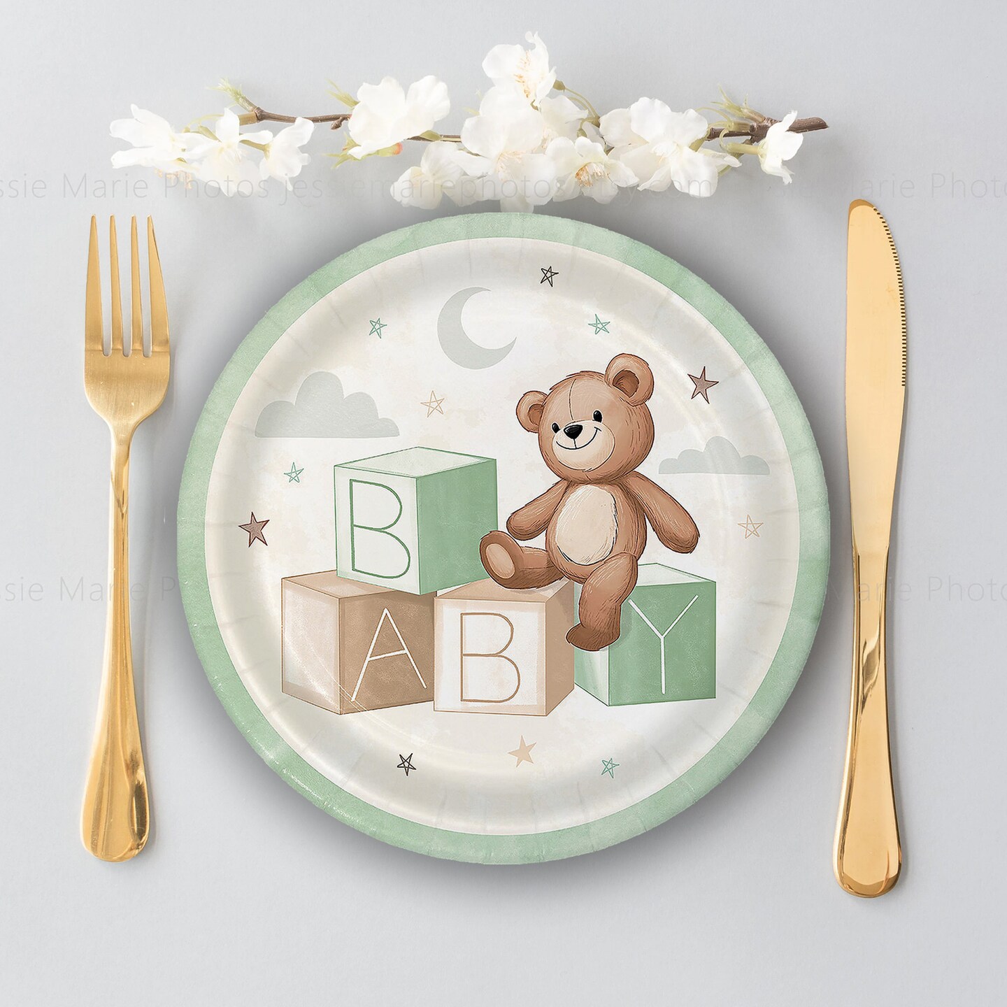 8 Ct. Teddy Bear Paper Dinner Plates with Green Trim 9" Baby Shower Party Plates