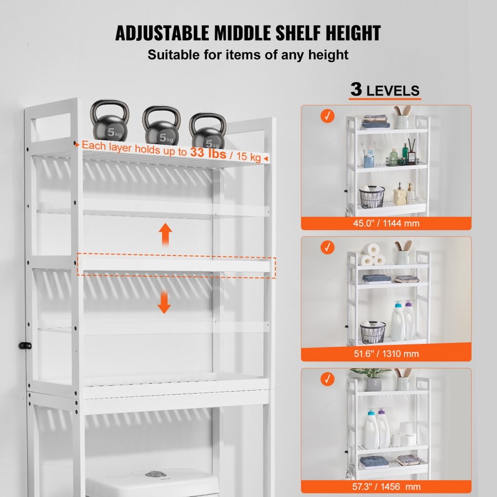 3-Tier Over Toilet Bathroom Organizer, Bamboo Shelf with 3 Hooks, Freestanding