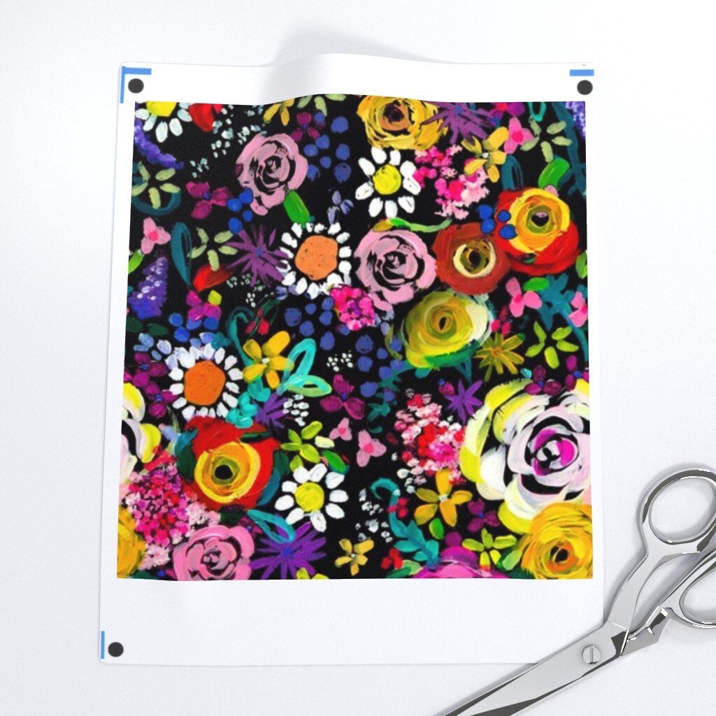 Bright Floral Painting Colorful Florals With Black Backg Neon Summer Flower Custom Removable Wallpaper by Spoonflower Peel & Stick Wallpaper 2FT Wide