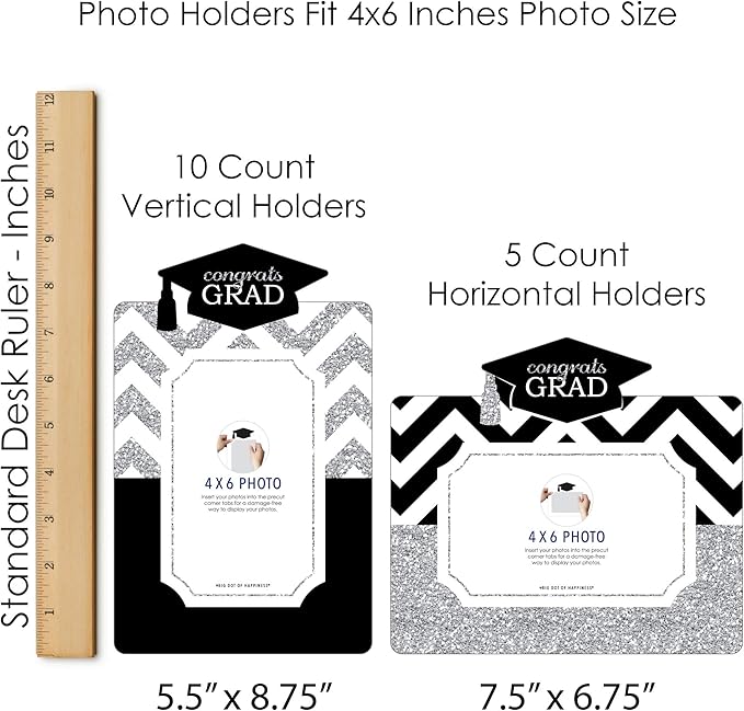 Graduation Photo Display Centerpiece Kit - 15 Double-Sided Photo Table Topper Sticks, Vertical and Horizontal 4x6 Picture Holders, DIY Party Decoration Set - Tassel Worth The Hassle- Silver