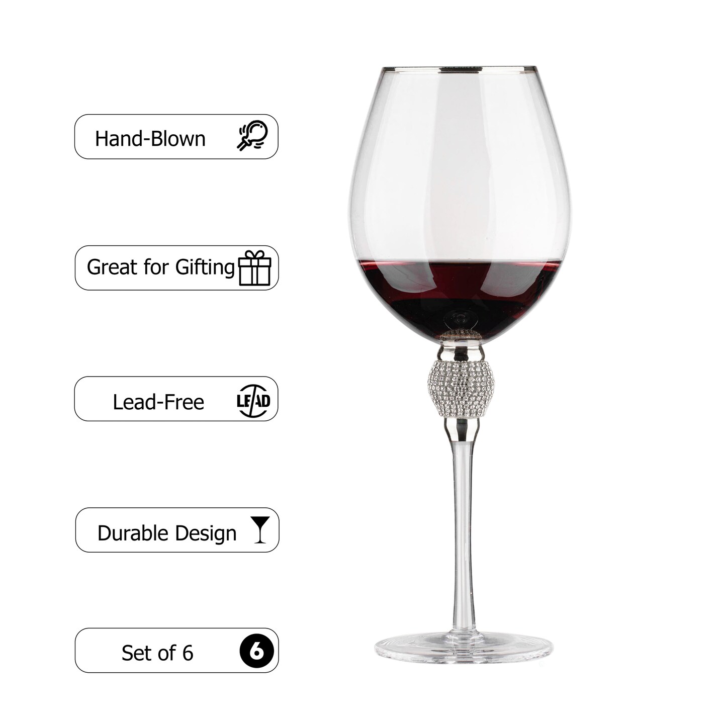 Set of 6 Red Wine Glasses with Diamond Rhinestone Accent - 18 oz, 10 Inches Tall - Perfect Toasting Glasses for Bride and Groom, Great for Party, Wedding Anniversary and Special Occasion