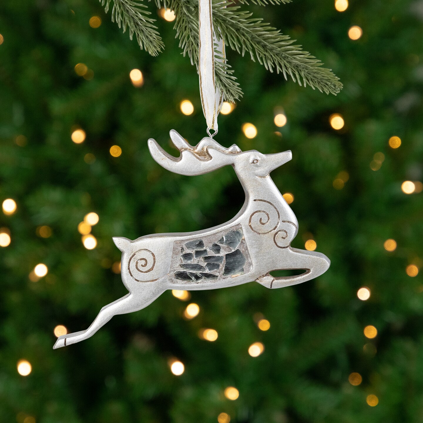 Roman Reindeer Mosaic Style Christmas Ornament - 4.75" - Silver