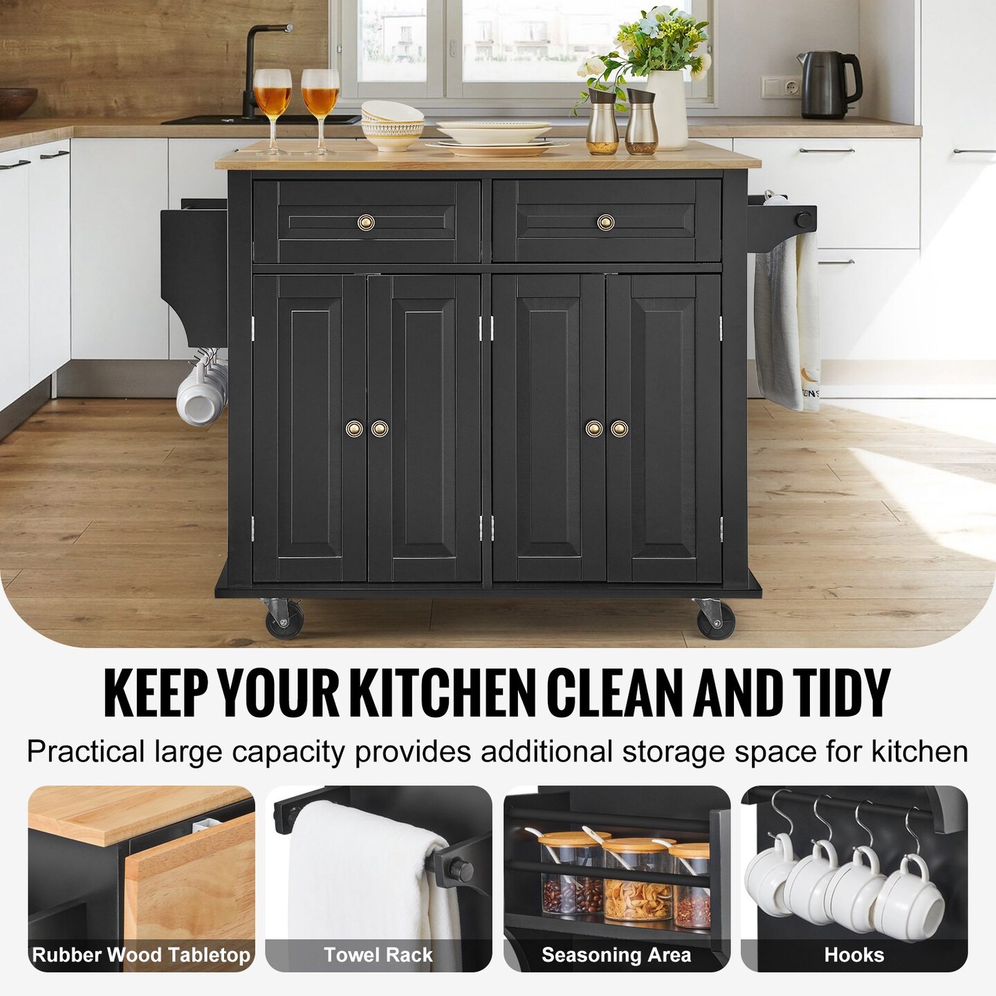 Wood Color-Black Solid Wood and MDF Kitchen Island with Drop Leaf and Wheels