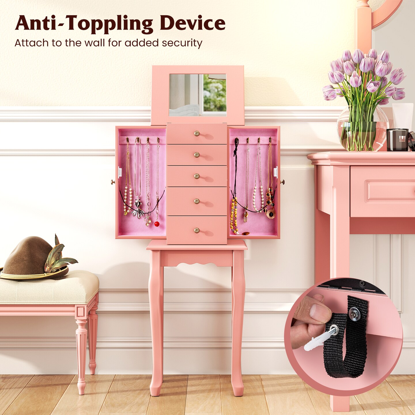 5-Drawer Wooden Jewelry Armoire Cabinet with Mirror & Side Necklace Doors Jewelry Organizer