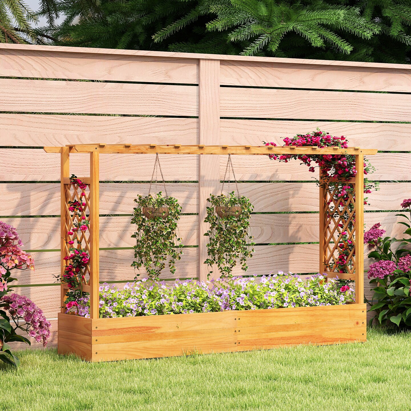 Pine Wood Raised Garden Bed with Trellis and Flat Roof Outdoor Planter Box for Flowers