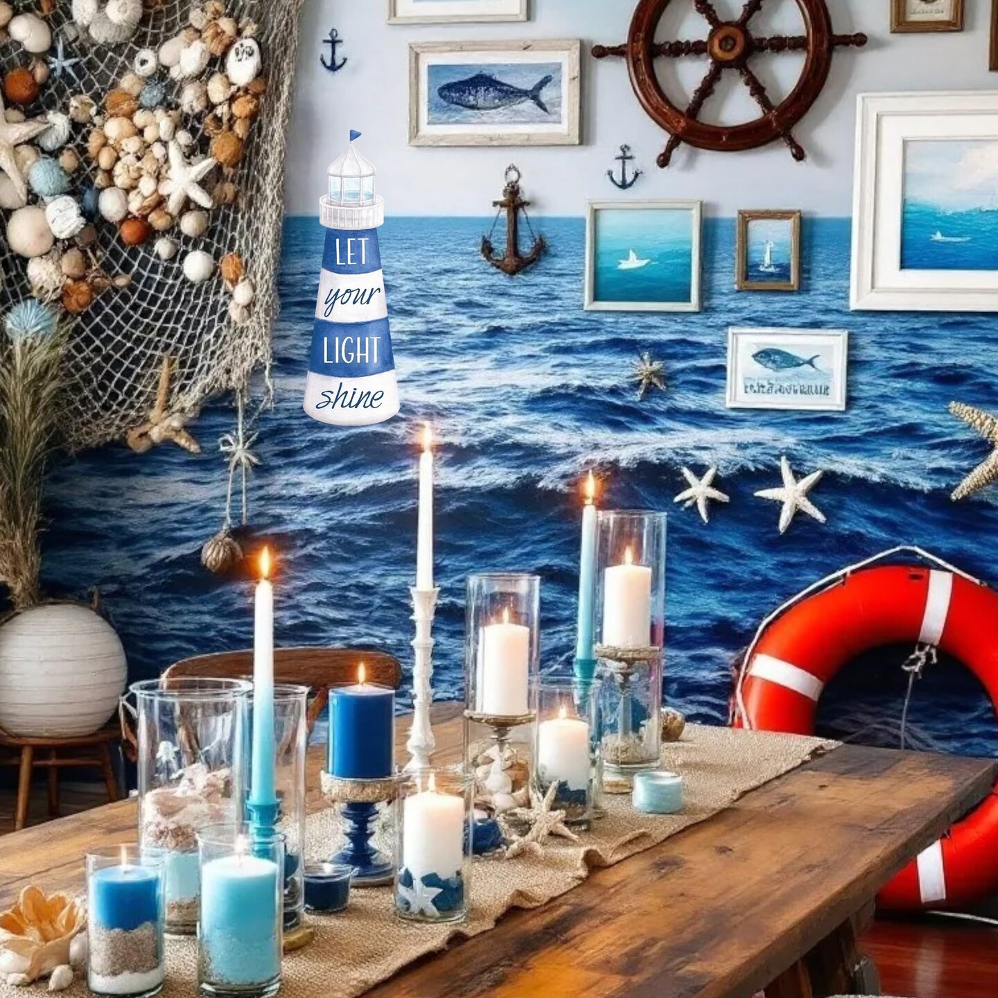 16" Metal Lighthouse Sign "Let Your Light Shine" For Wall Decorations, Wreath Accents, and Crafts - Blue, White - Summer, Spring, Beach House