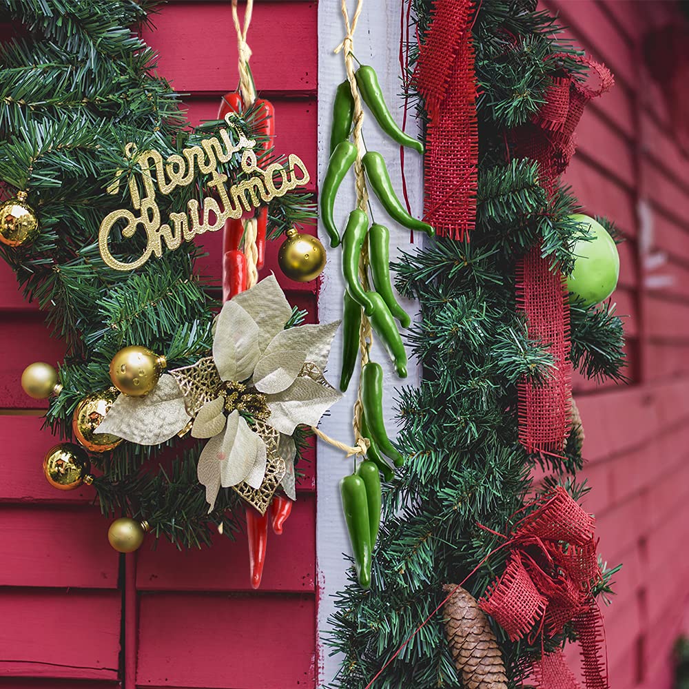Artificial Hanging Pepper String 2 Sets, Simulation Lifelike Hot Chili Vegetable Fruit Garland Vine for Home Kitchen Farm Party Wall Decoration, Red&Green