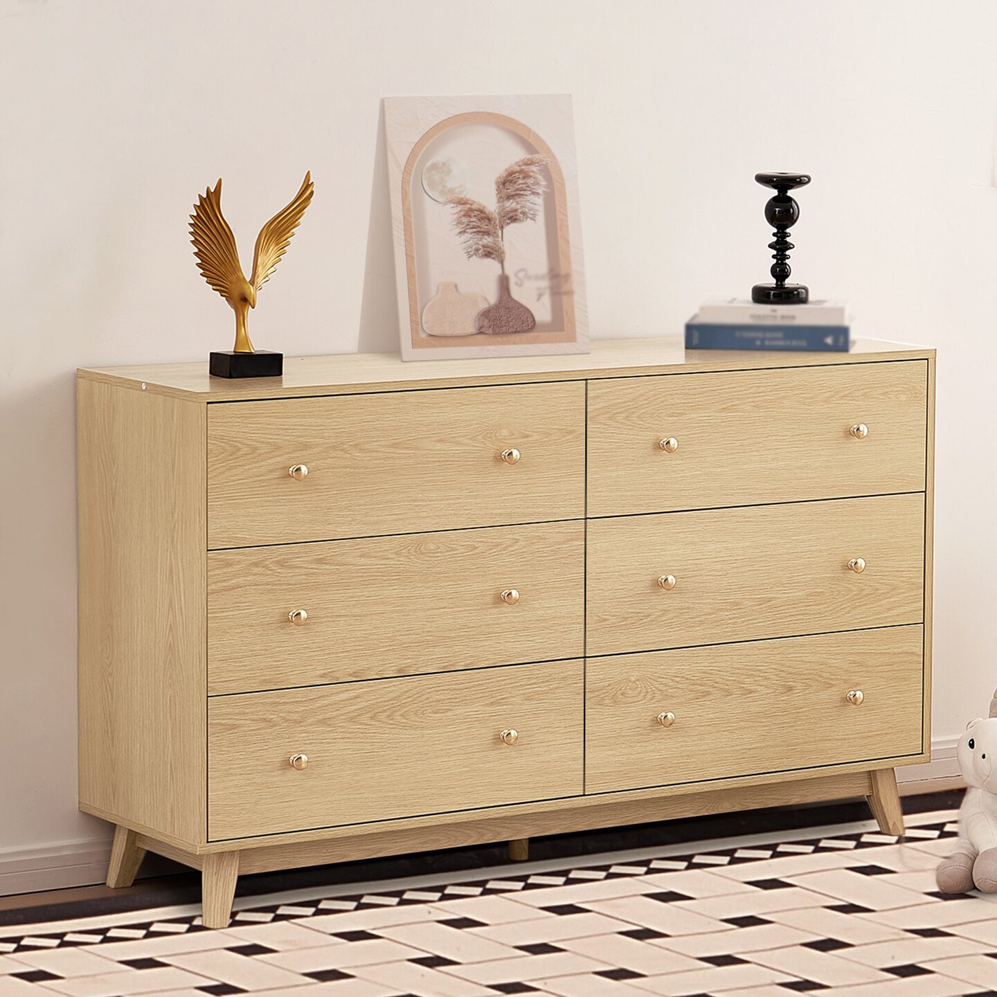 Modern 6 Drawer Wooden Dresser Light Wood Minimalist Storage Chest